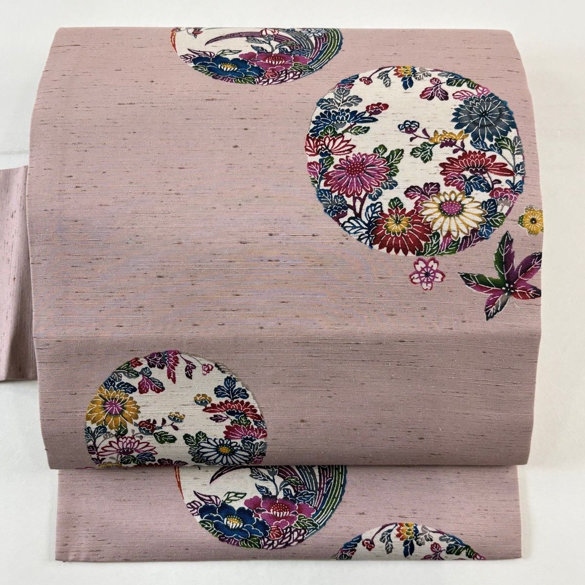 名古屋帯 名品 紬地 花丸文 桜 薄紫 正絹