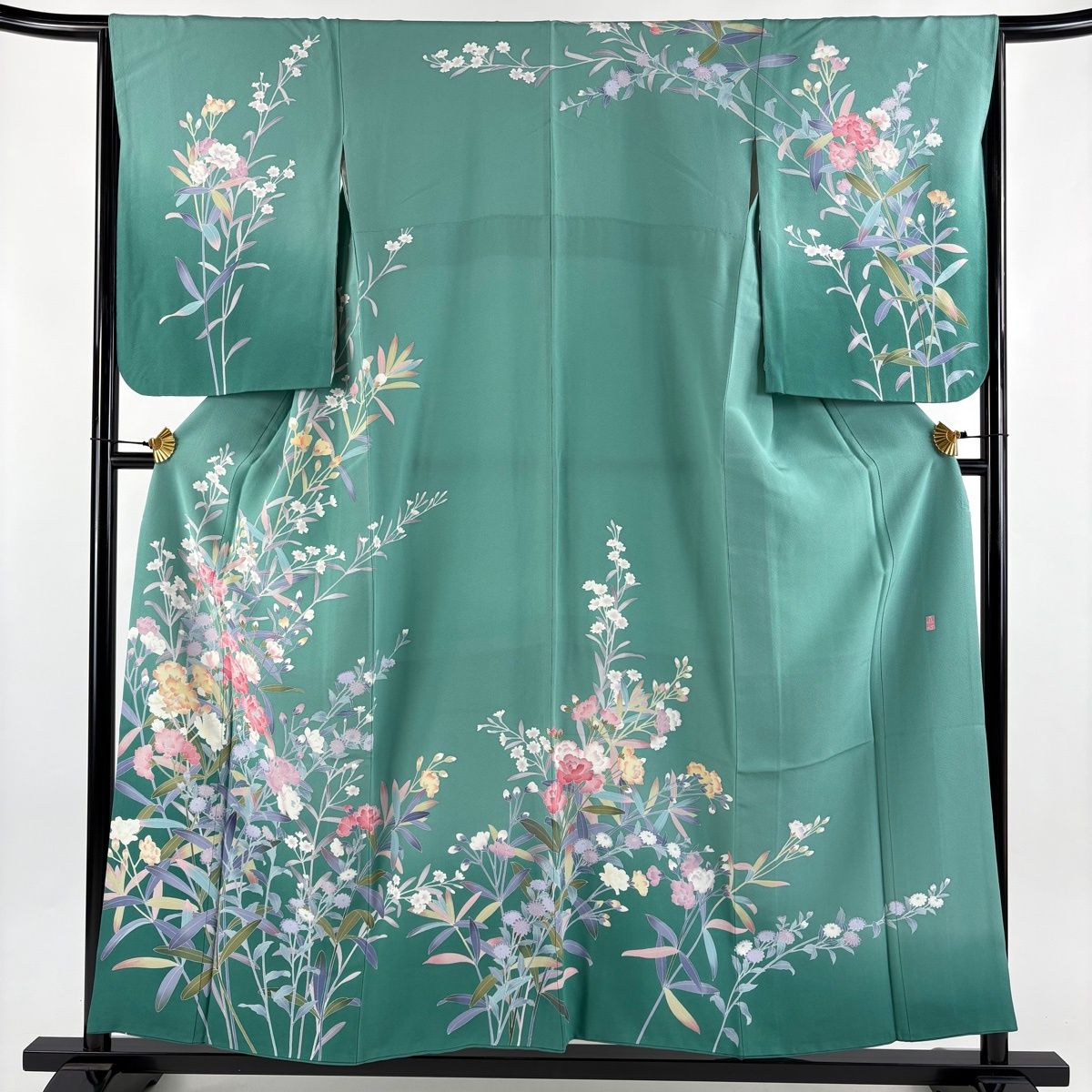 訪問着 身丈156.5 cm 裄丈65 M 袷 落款 草花 染め分け ぼかし 薄緑 正絹 名品