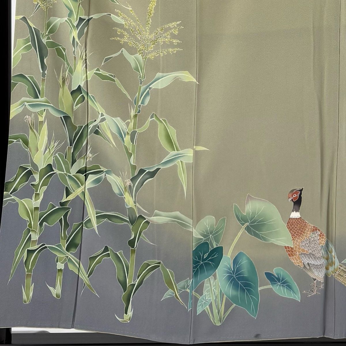 訪問着 身丈157 cm 裄丈61 S 袷 落款 とうもろこし 雉 染め分け ぼかし 灰緑 正絹 名品