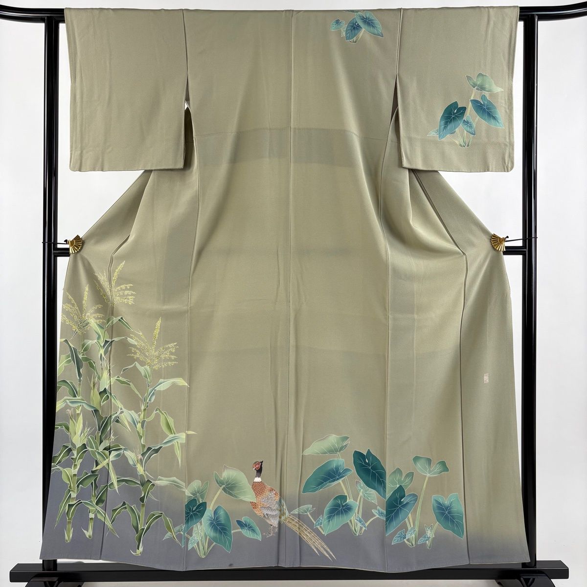 訪問着 身丈157 cm 裄丈61 S 袷 落款 とうもろこし 雉 染め分け ぼかし 灰緑 正絹 名品