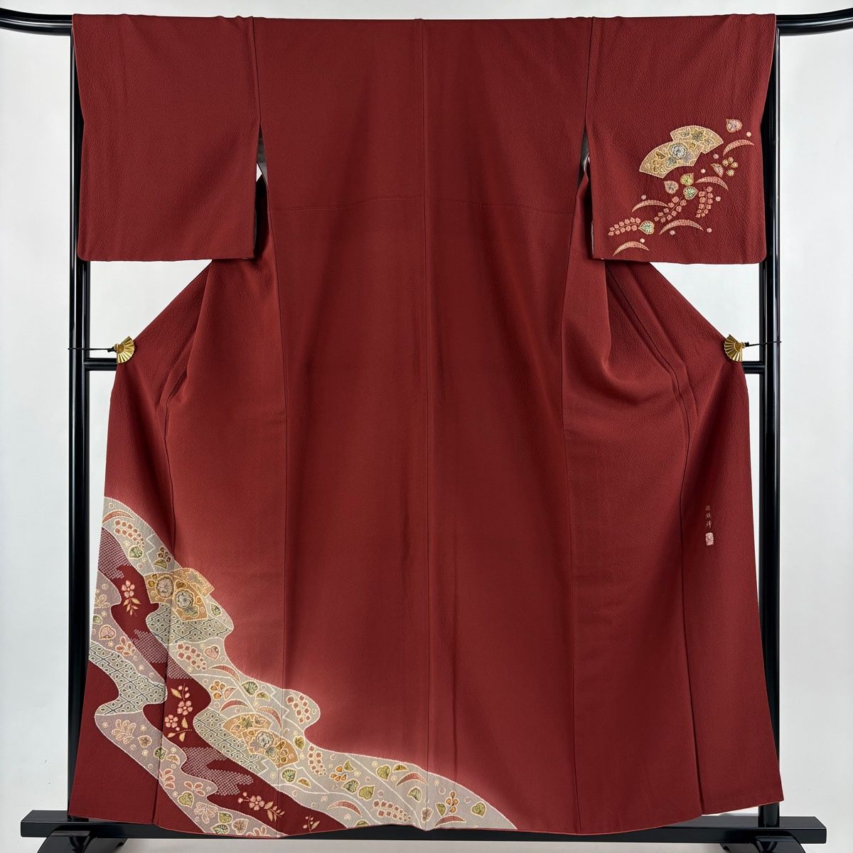 付下げ 身丈156 cm 裄丈66.5 M 袷 翠山工房 落款 草花 扇面 絞り ぼかし 茜色 正絹 名品