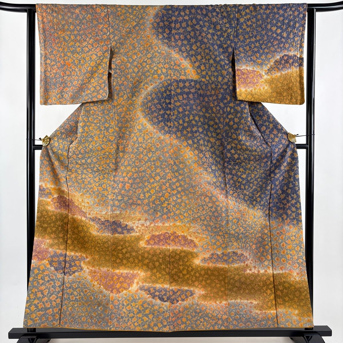 訪問着 身丈157 cm 裄丈63 S 袷 紬地 霞 幾何学 ぼかし 染め分け 山吹色 正絹 名品