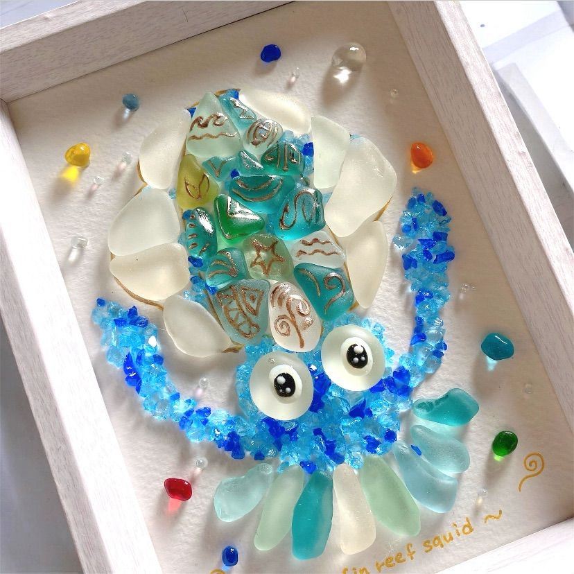金魚鉢と猫♡シーグラスアート♡ヒーリングアート♡レアシーグラス クーポンあり❣️アオリイカ♡シーグラスアート ガラスアート 海