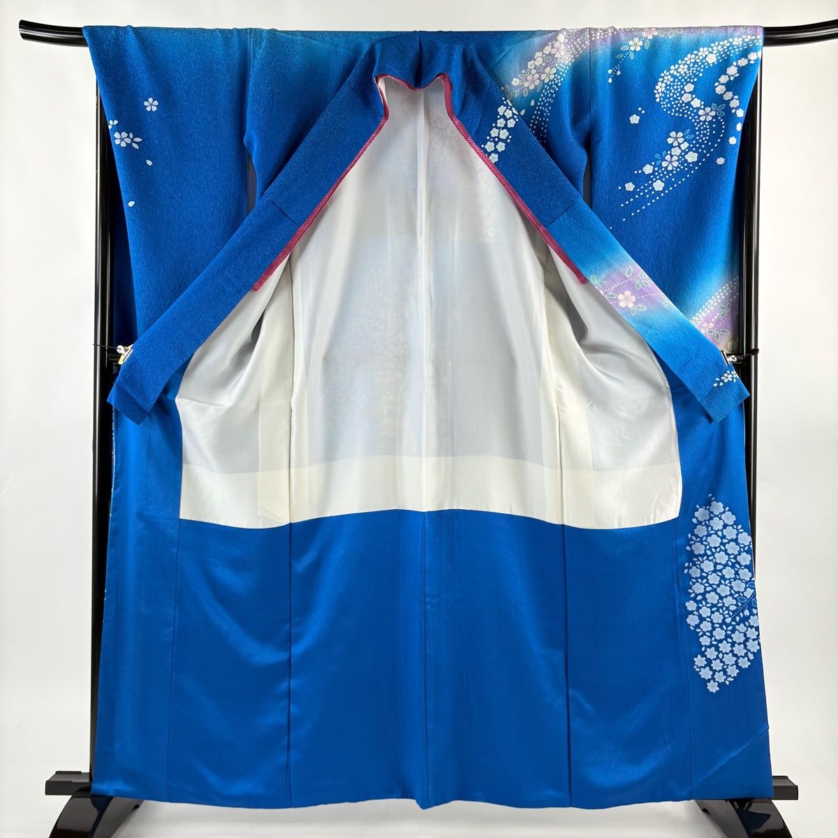 振袖 身丈162cm 裄丈67.5cm L 袷 桜 梅 銀通し 箔 青 正絹 名品 【中古