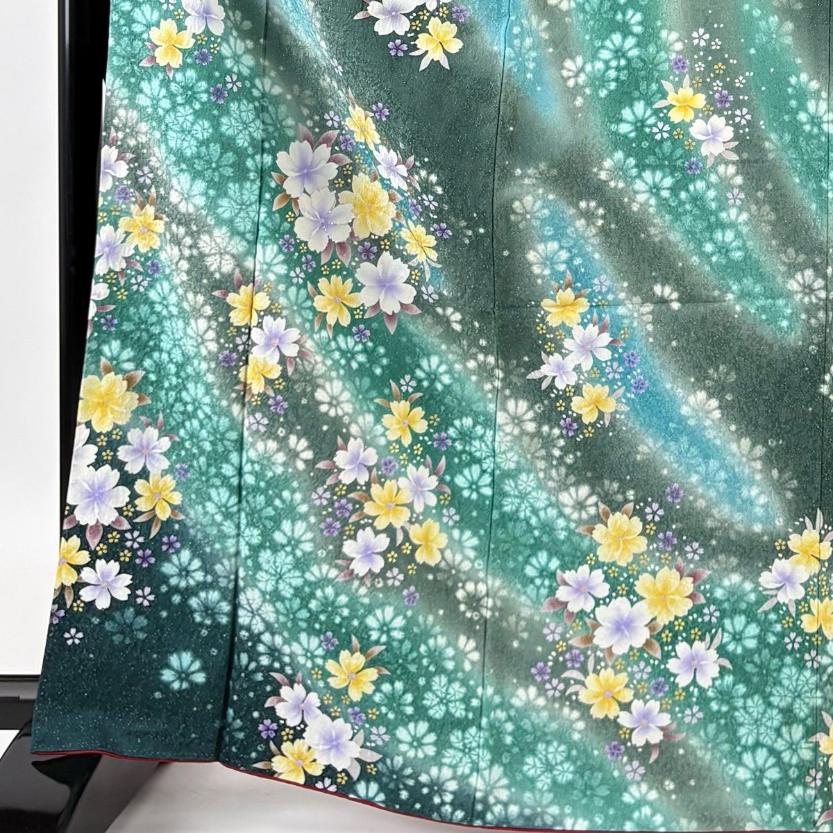 振袖 身丈166.5 cm 裄丈66.5 M 袷 桜 銀通し 箔 深緑 正絹 名品