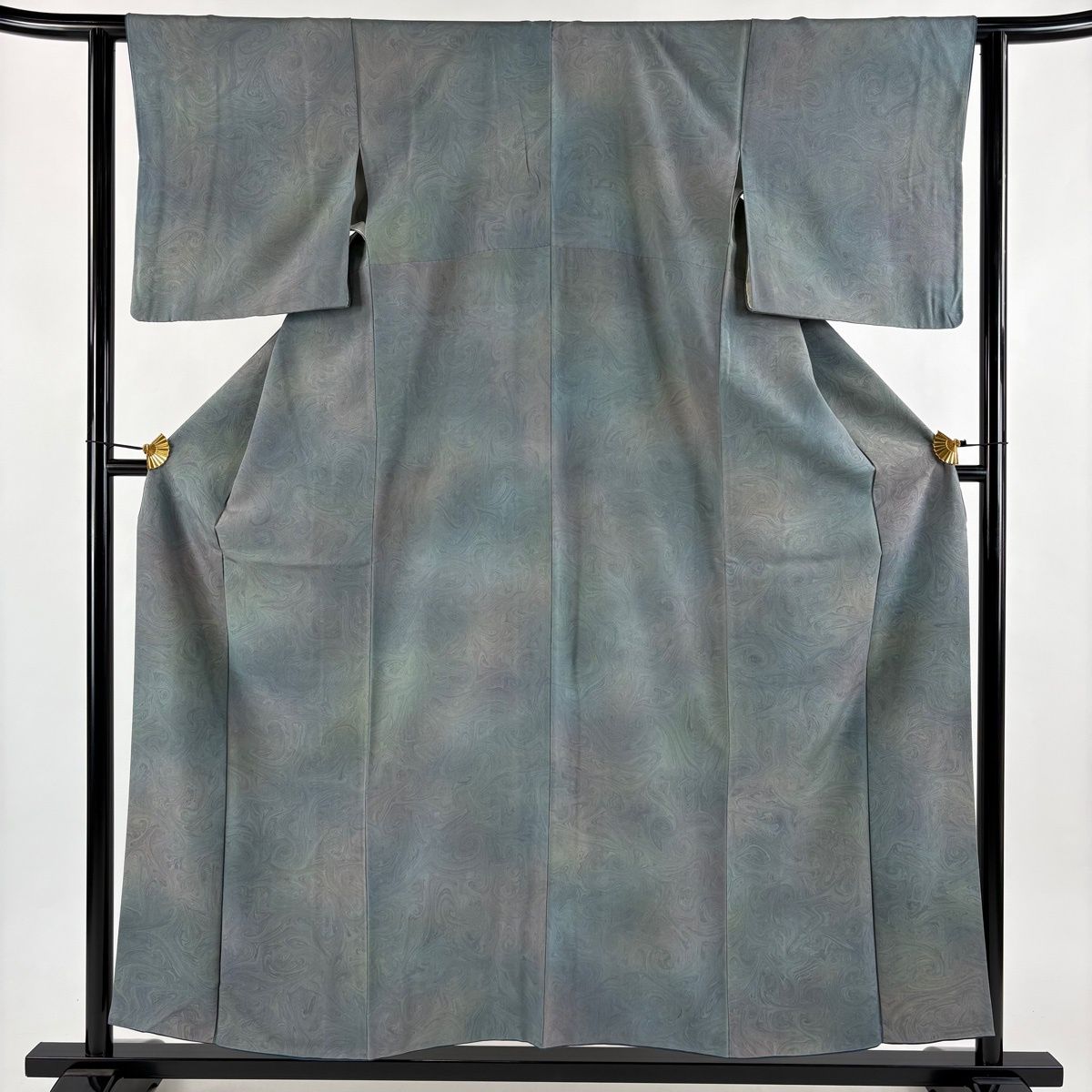 小紋 身丈156 cm 裄丈61 S 袷 墨流し ぼかし 灰緑 正絹 名品