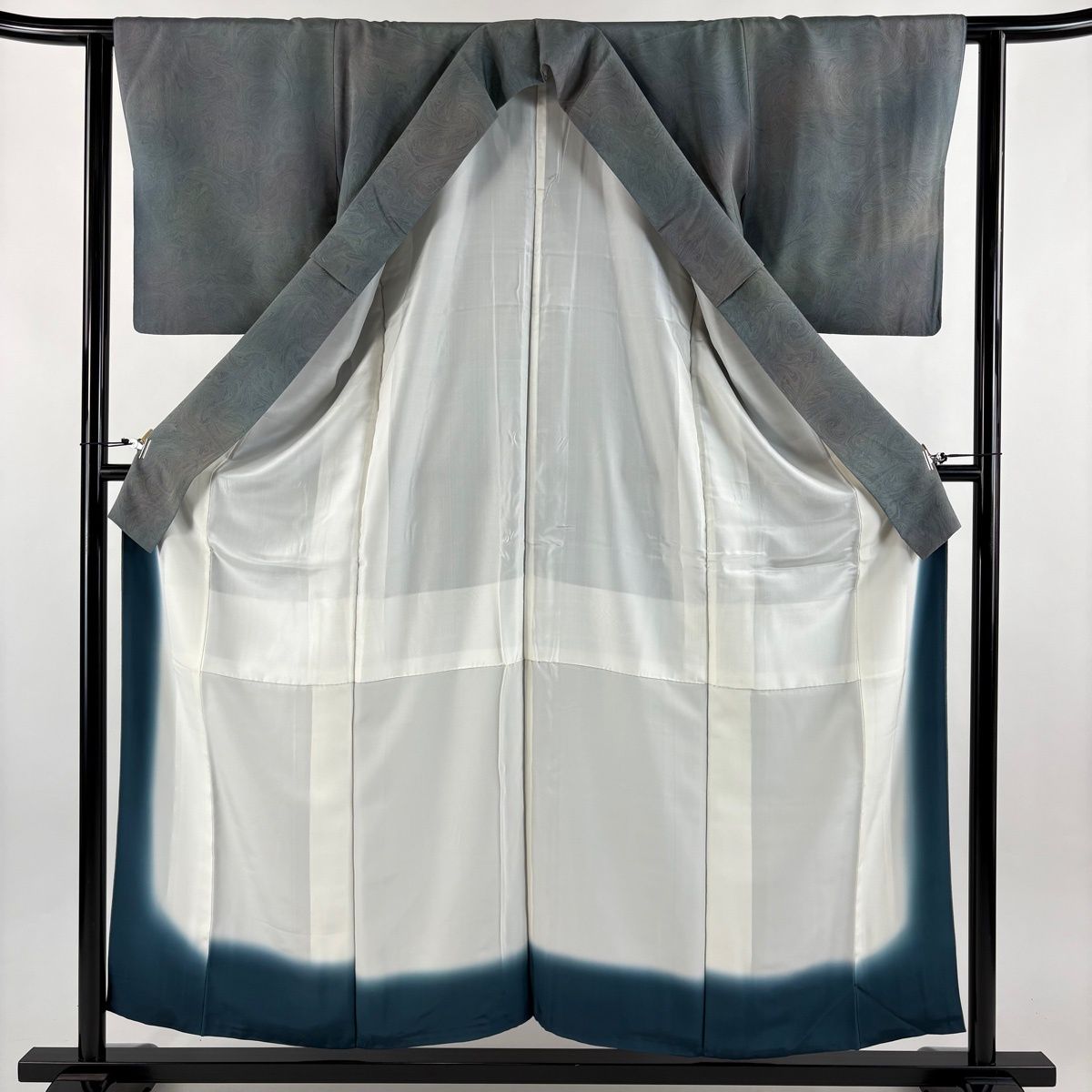  小紋 身丈156 cm 裄丈61 S 袷 墨流し ぼかし 灰緑 正絹 名品 小紋 着物