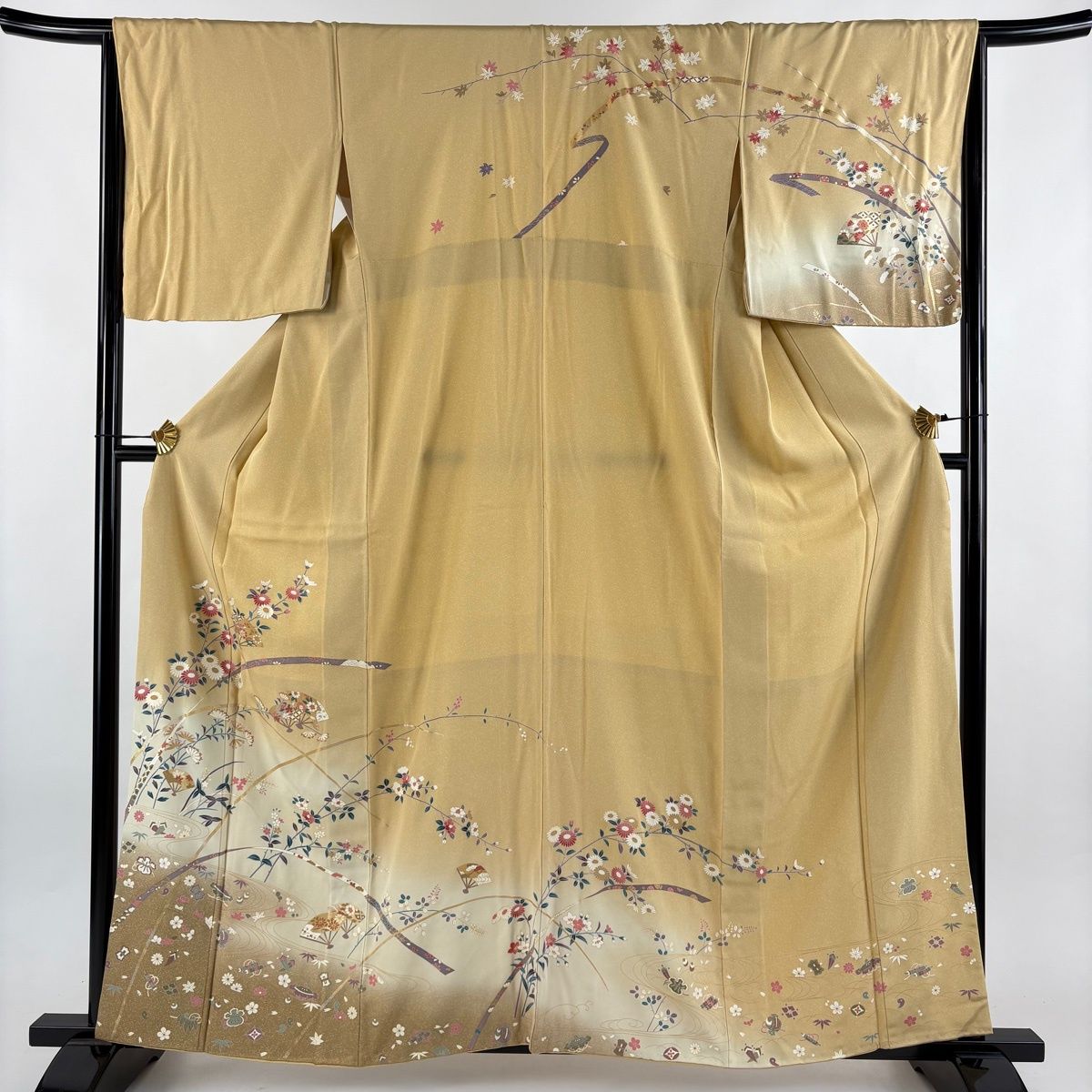 訪問着 身丈160 cm 裄丈65 M 袷 草花 扇 金銀彩 ぼかし ベージュ 正絹 名品