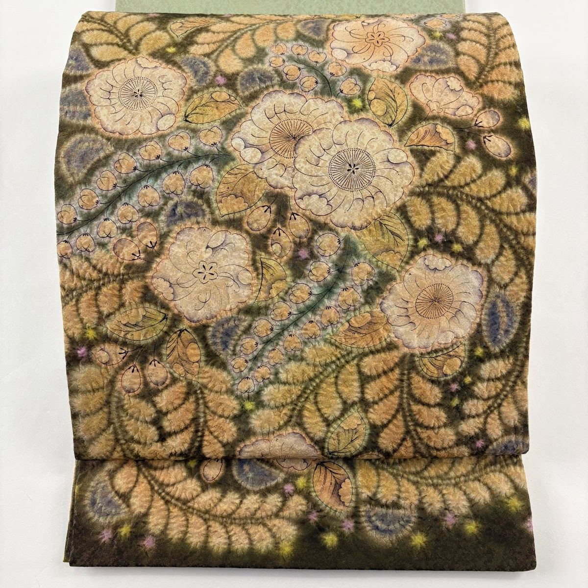 美品】袋帯 名品 落款 南雲恵 辻が花 ぼかし 金糸 絞り 薄緑 正絹