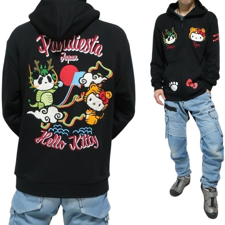Pandiesta Japan パンディエスタ ジャパン ハローキティ|サンリオ パーカー サガラ刺繍 キャラクター アニメ 刺繍 メンズ|レディース ユニセックス ブラック 595401 サイズM-L-XL
