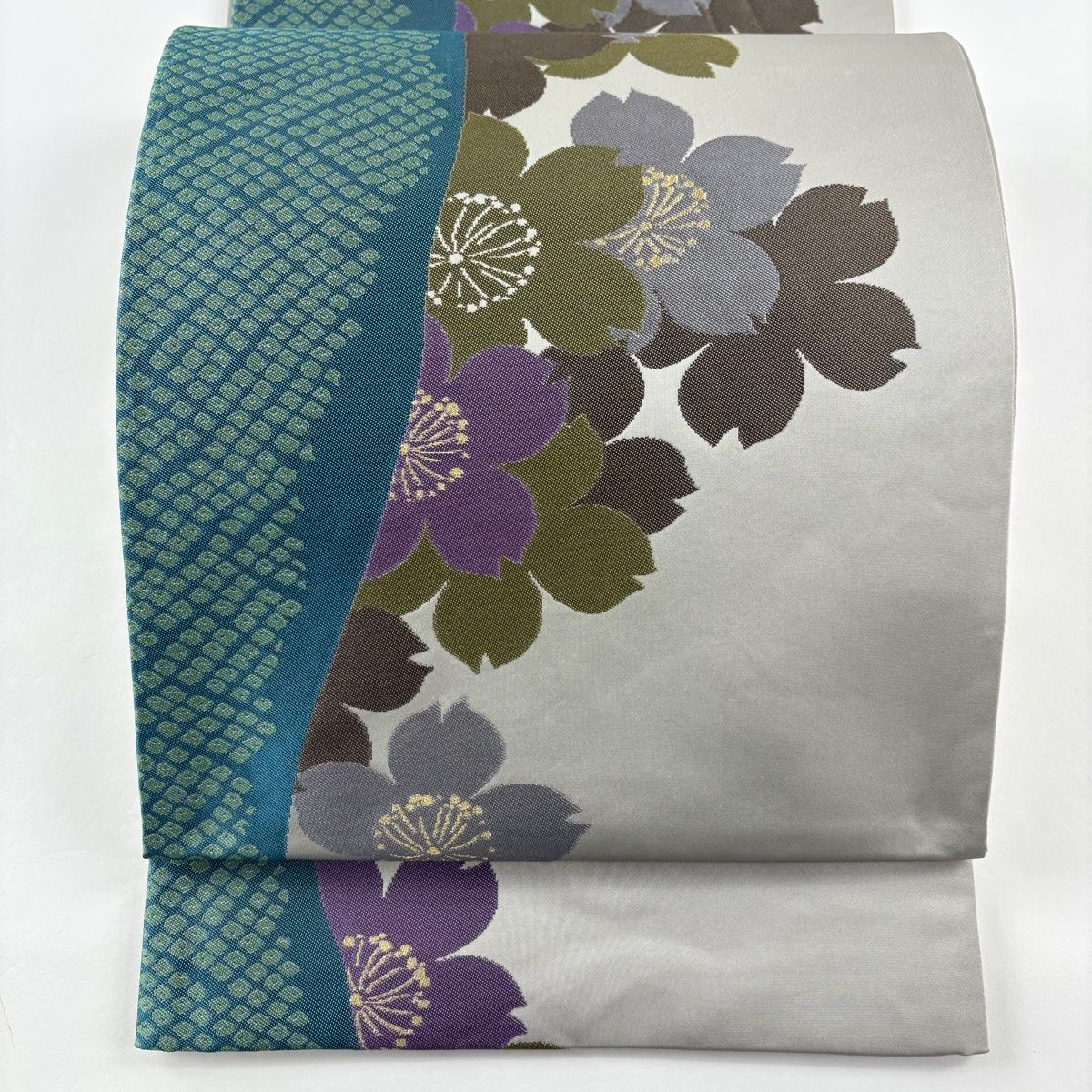 袋帯 名品 辻村ジュサブロー 落款 桜 疋田 箔 灰色 六通 正絹 【中古