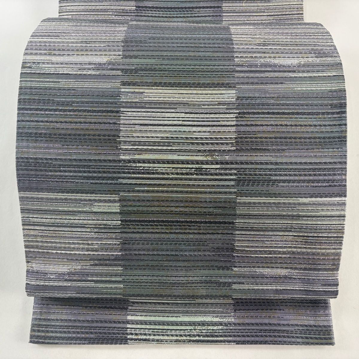 美品】 袋帯 名品 リバーシブル 市松 縞 銀糸 箔 銀色 全通 正絹