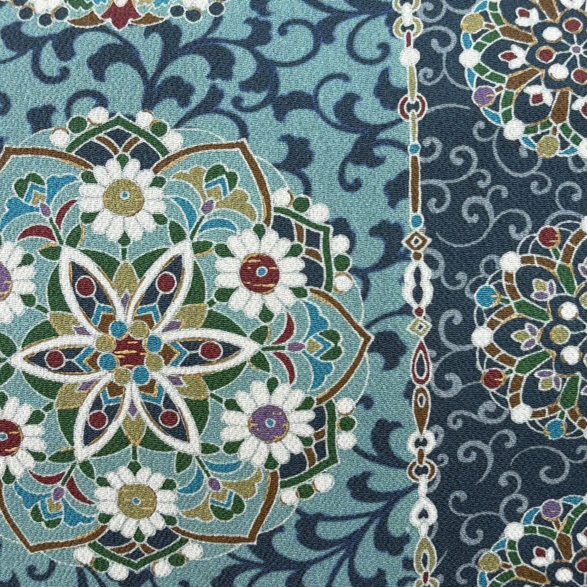 名古屋帯 名品 華文 唐草 金彩 縮緬 紺色 正絹