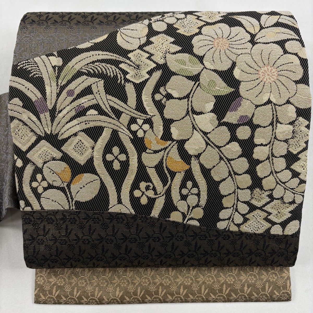 美品】 名古屋帯 名品 辻が花柄 立涌 金銀糸 焦茶色 正絹 【中古