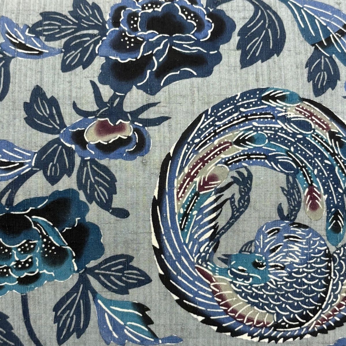 名古屋帯 名品 落款 関西仕立て 牡丹 鳥 青灰色 正絹