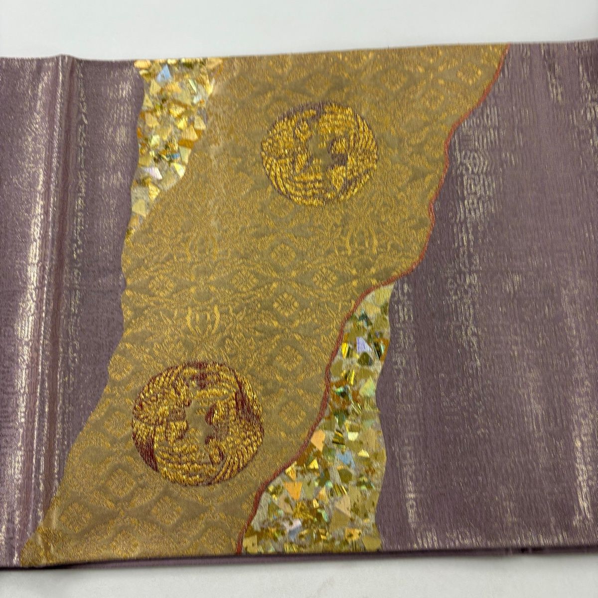 袋帯 美品 逸品 引箔本金紹巴 菱重ね鏡文 金糸 金色 お太鼓柄 正絹 袋帯 名品 綴れ 花 菱 金糸 鶯色 お太鼓柄 正絹 中古 : リユース