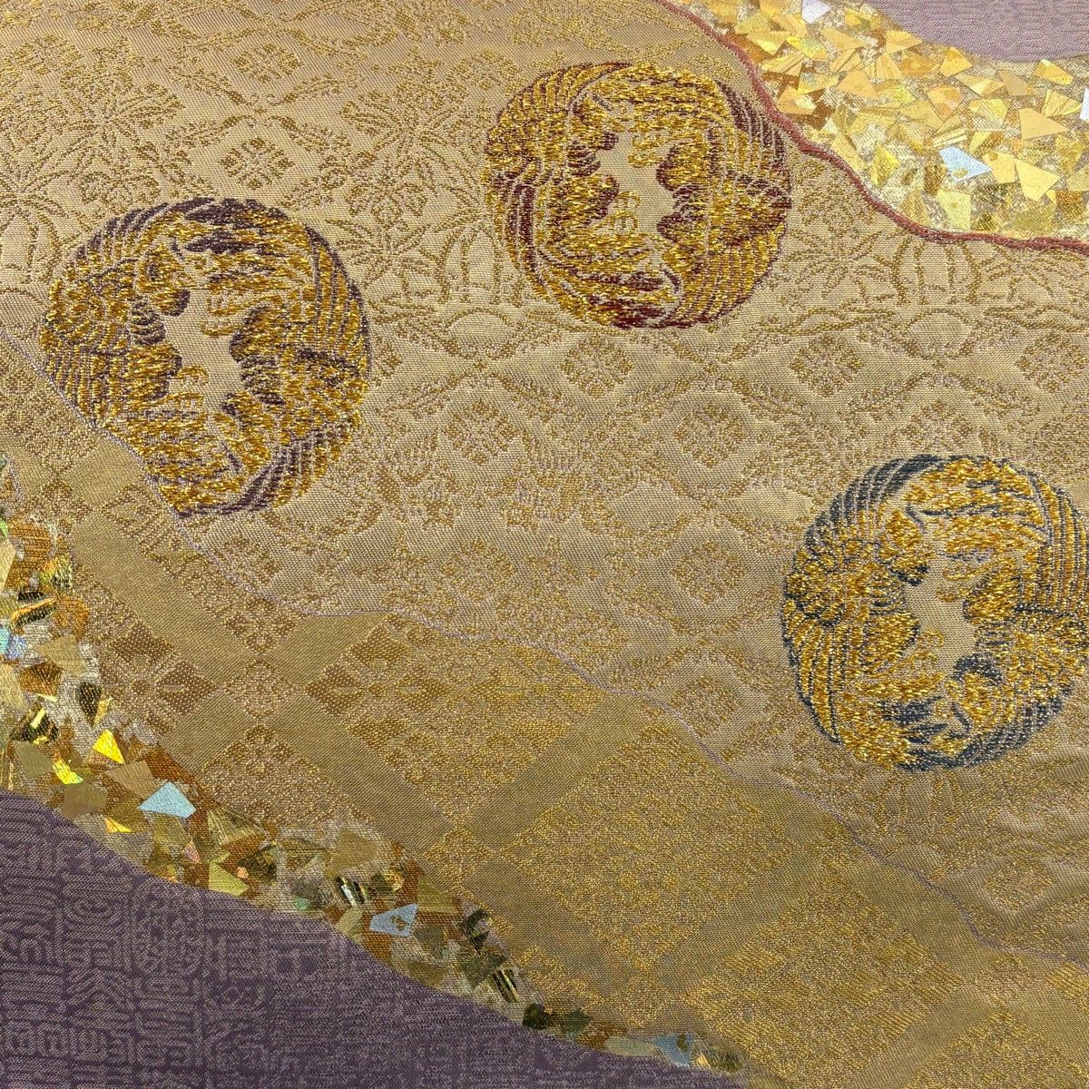 袋帯 美品 逸品 引箔本金紹巴 菱重ね鏡文 金糸 金色 お太鼓柄 正絹 袋帯 名品 幾何学模様 縞 金糸 箔 紫 お太鼓柄 正絹 中古 : リユース