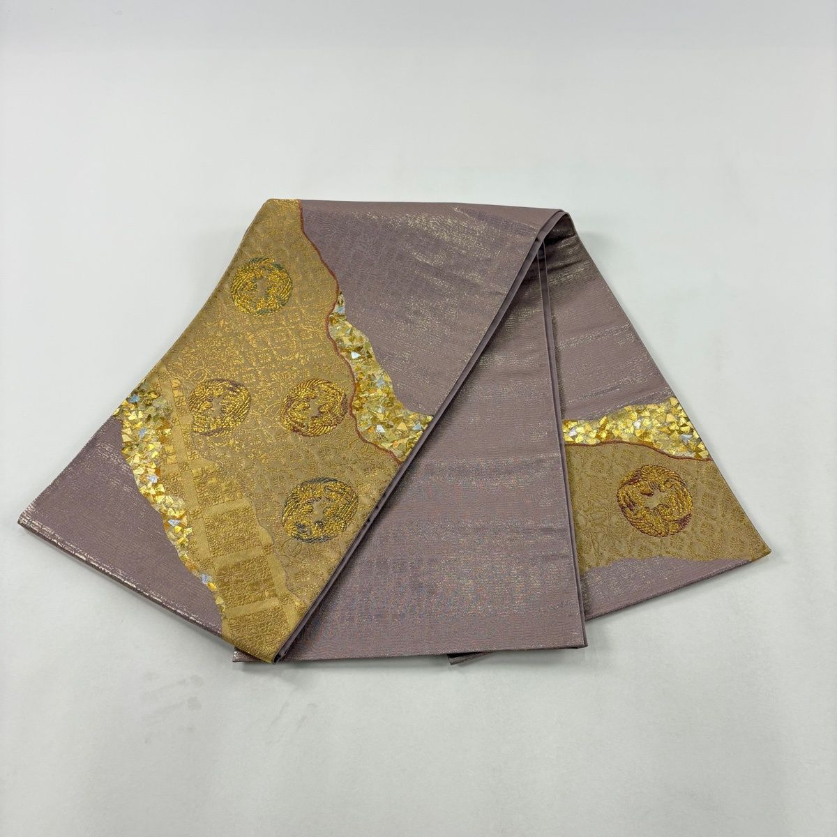 美品】 袋帯 名品 堀省平 落款 鳥 花菱 箔 金糸 金色 お太鼓柄 正絹