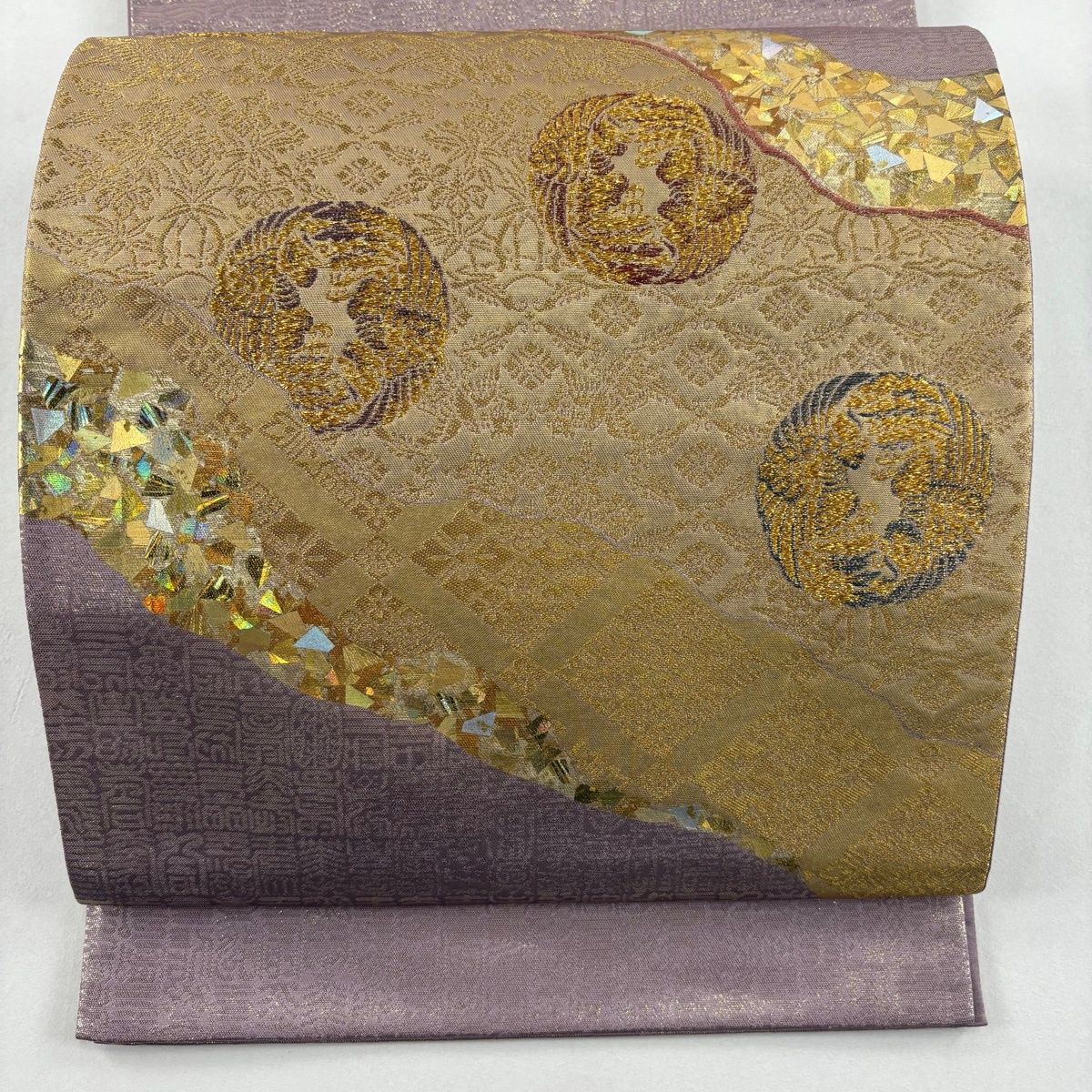 美品】 袋帯 名品 堀省平 落款 鳥 花菱 箔 金糸 金色 お太鼓柄 正絹
