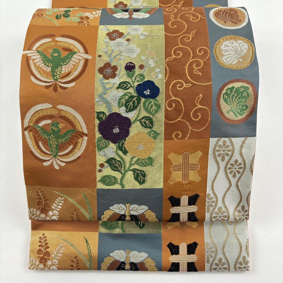 美品】 袋帯 名品 川島織物 落款 草花 鳥 金糸 箔 山吹茶色 六通 正絹