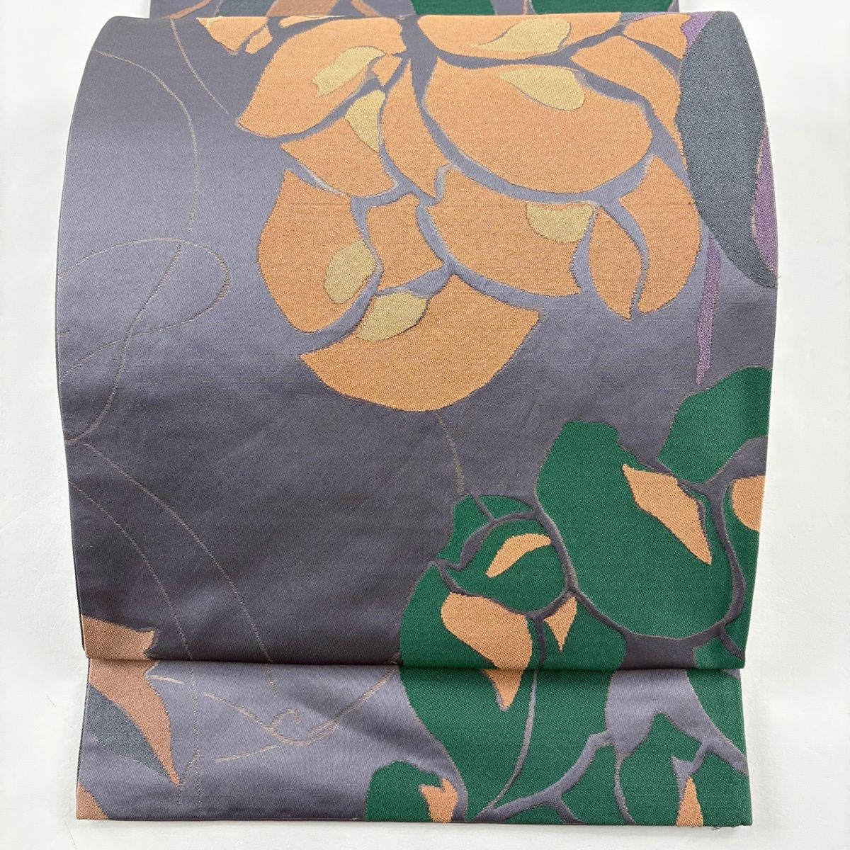 袋帯 名品 辻村ジュサブロー 落款 花 箔 灰紫 六通 正絹 【中古