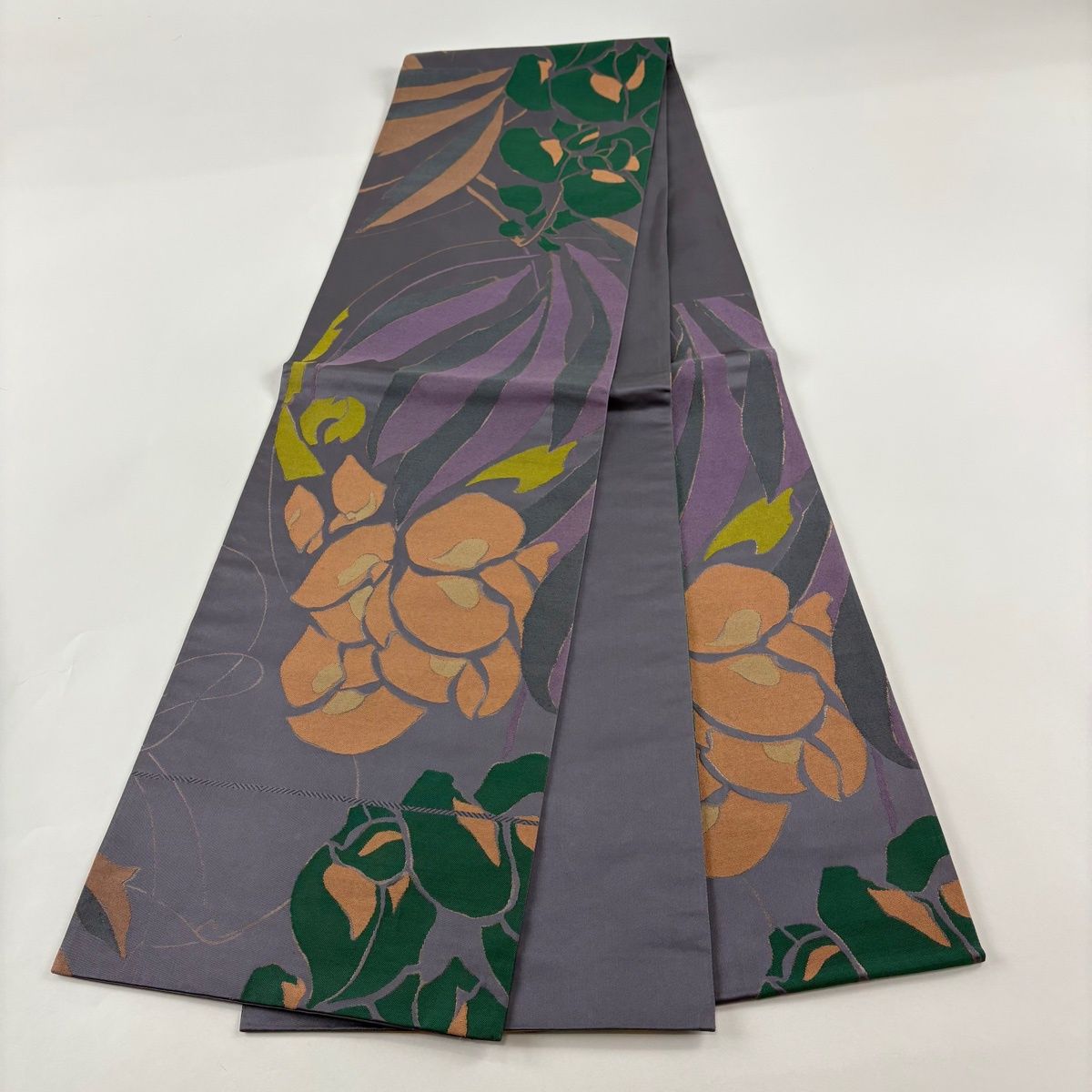 袋帯 名品 辻村ジュサブロー 落款 花 箔 灰紫 六通 正絹 【中古