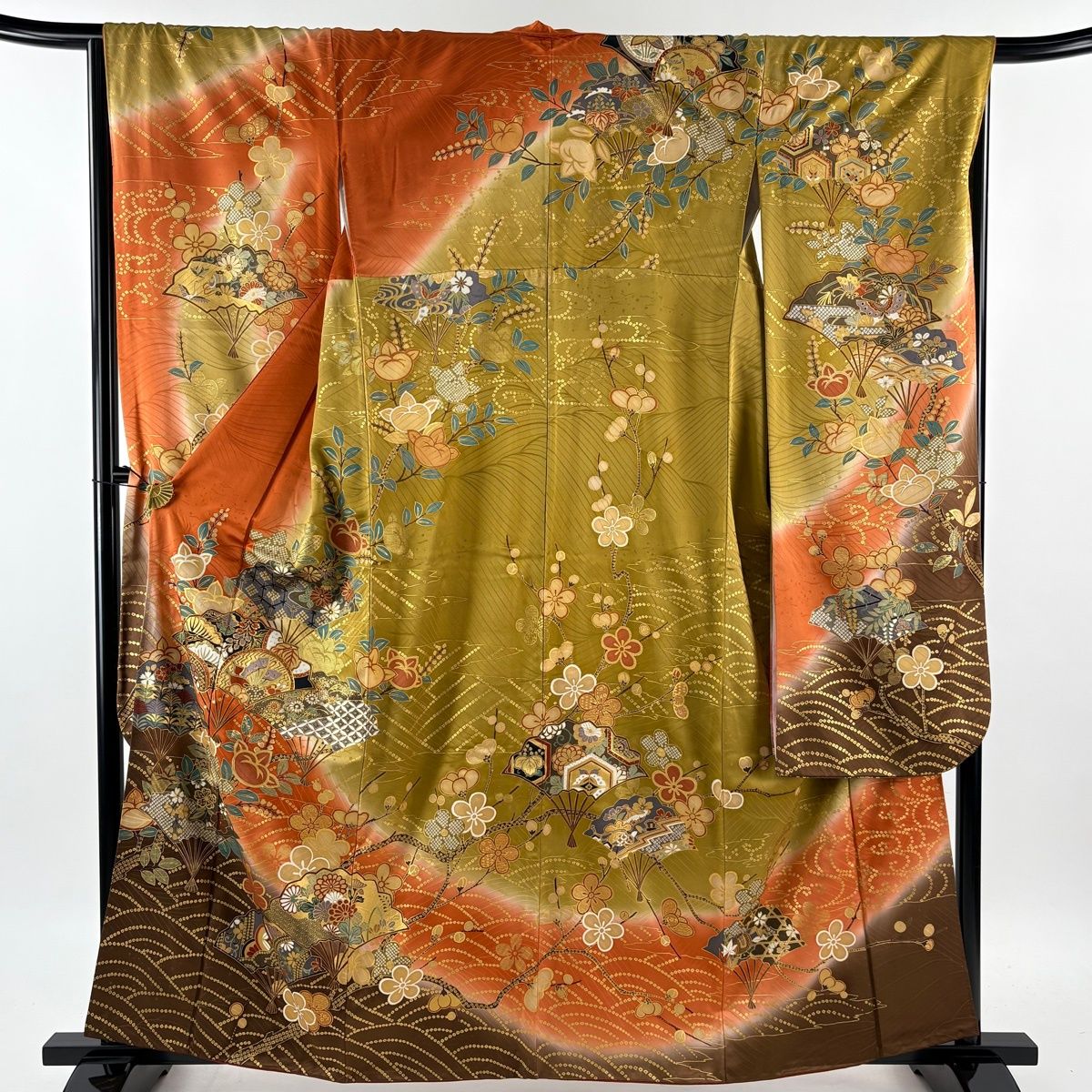  振袖 身丈161 cm 裄丈66 M 袷 袋帯フルセット 扇 橘 金糸 金彩 黄土色 正絹 秀品 振袖 着物