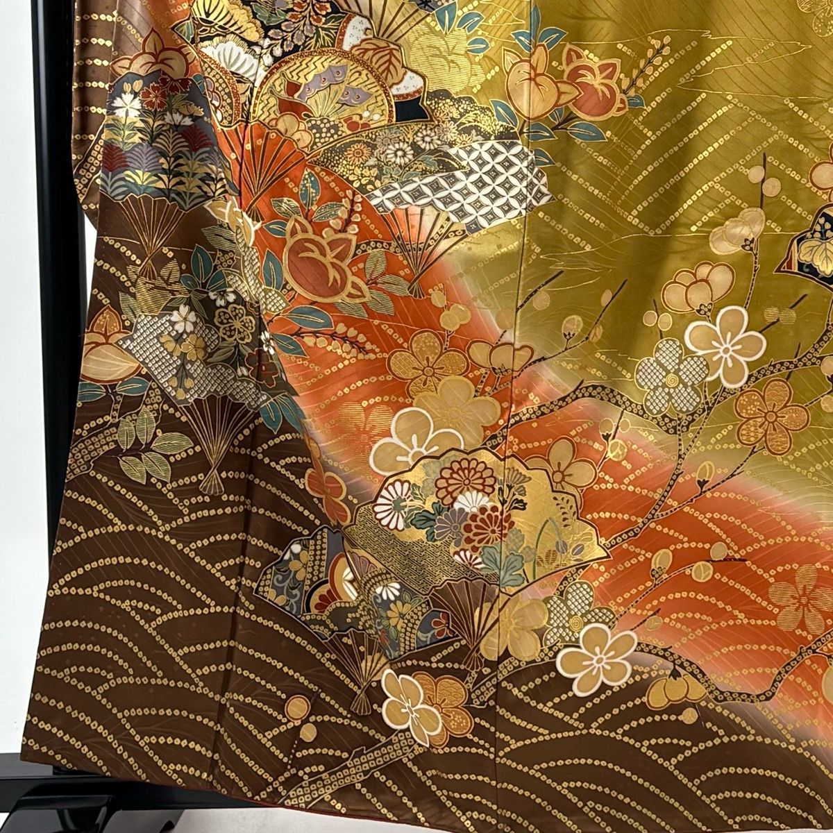 振袖 身丈161 cm 裄丈66 M 袷 袋帯フルセット 扇 橘 金糸 金彩 黄土色 正絹 秀品