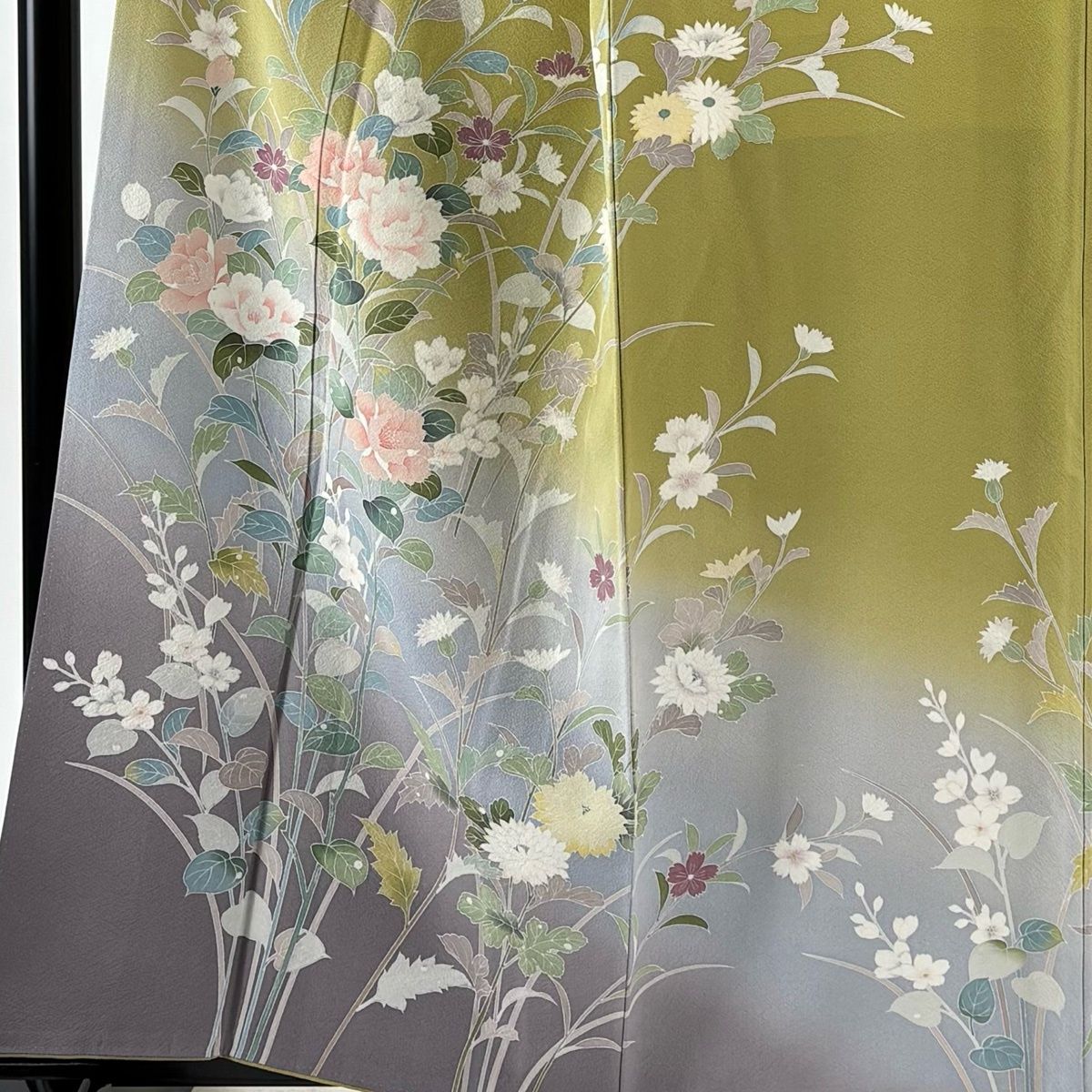 訪問着 身丈160 5 cm 裄丈67 L 袷 袋帯セット 枝花 草花 染め分け ぼかし 鶯色 正絹 名品