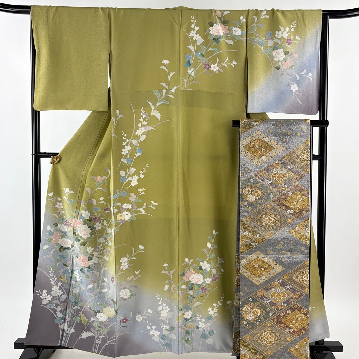 訪問着 身丈160 5 cm 裄丈67 L 袷 袋帯セット 枝花 草花 染め分け ぼかし 鶯色 正絹 名品