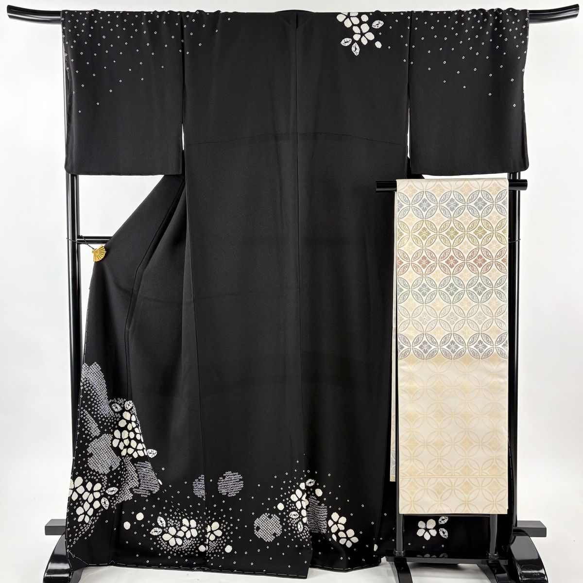 訪問着 身丈171 cm 裄丈71 L 袷 名古屋帯セット 草花 雪輪 絞り 黒 正絹 名品