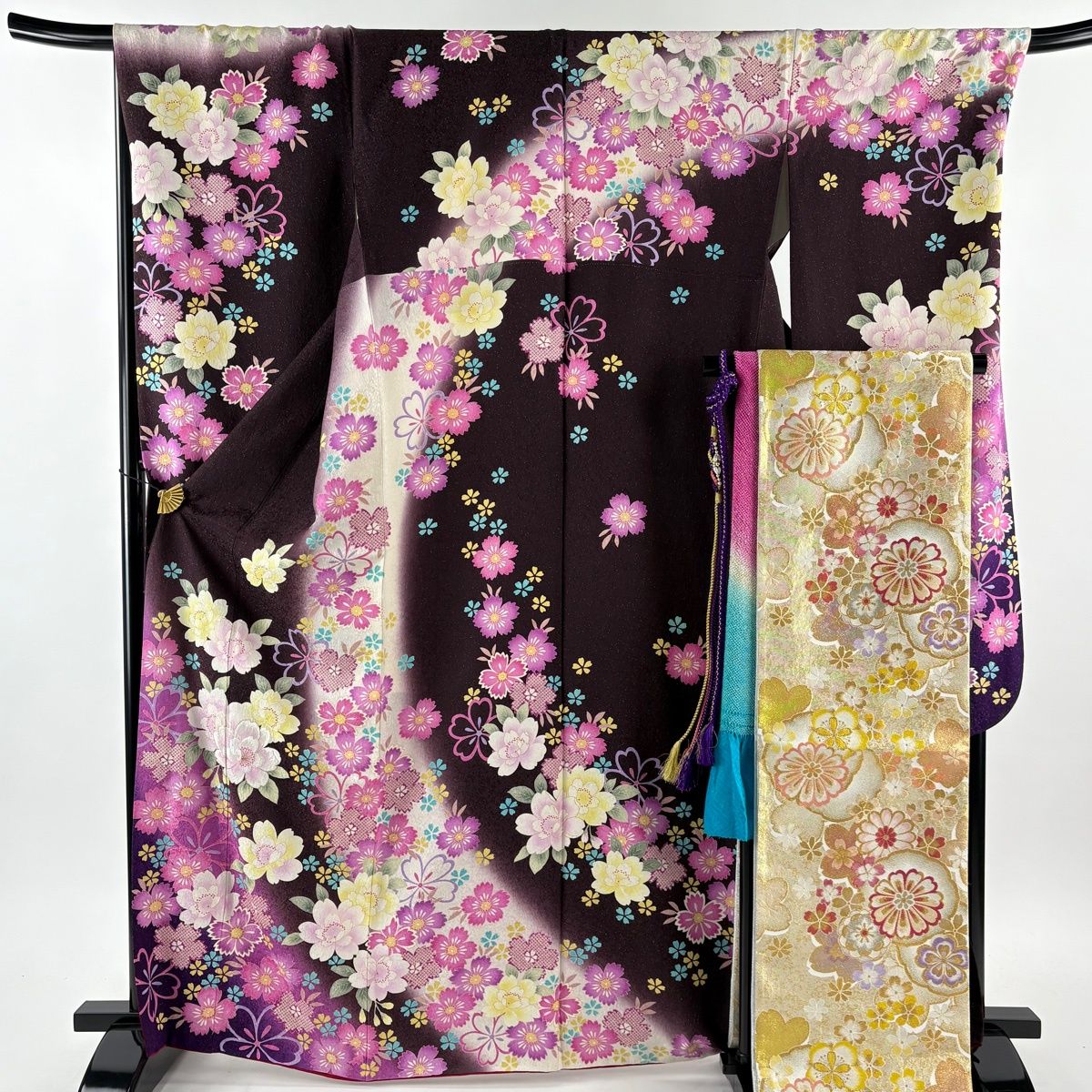 振袖 身丈167 cm 裄丈71 5 L 袷 袋帯フルセット 桜 草花 金通し 刺繍 茶紫 正絹 名品