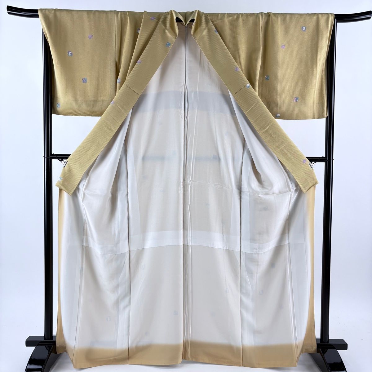  小紋 身丈167 5 cm 裄丈69 L 袷 袋帯セット うさぎ 葉柄 薄黄 正絹 秀品 小紋 着物