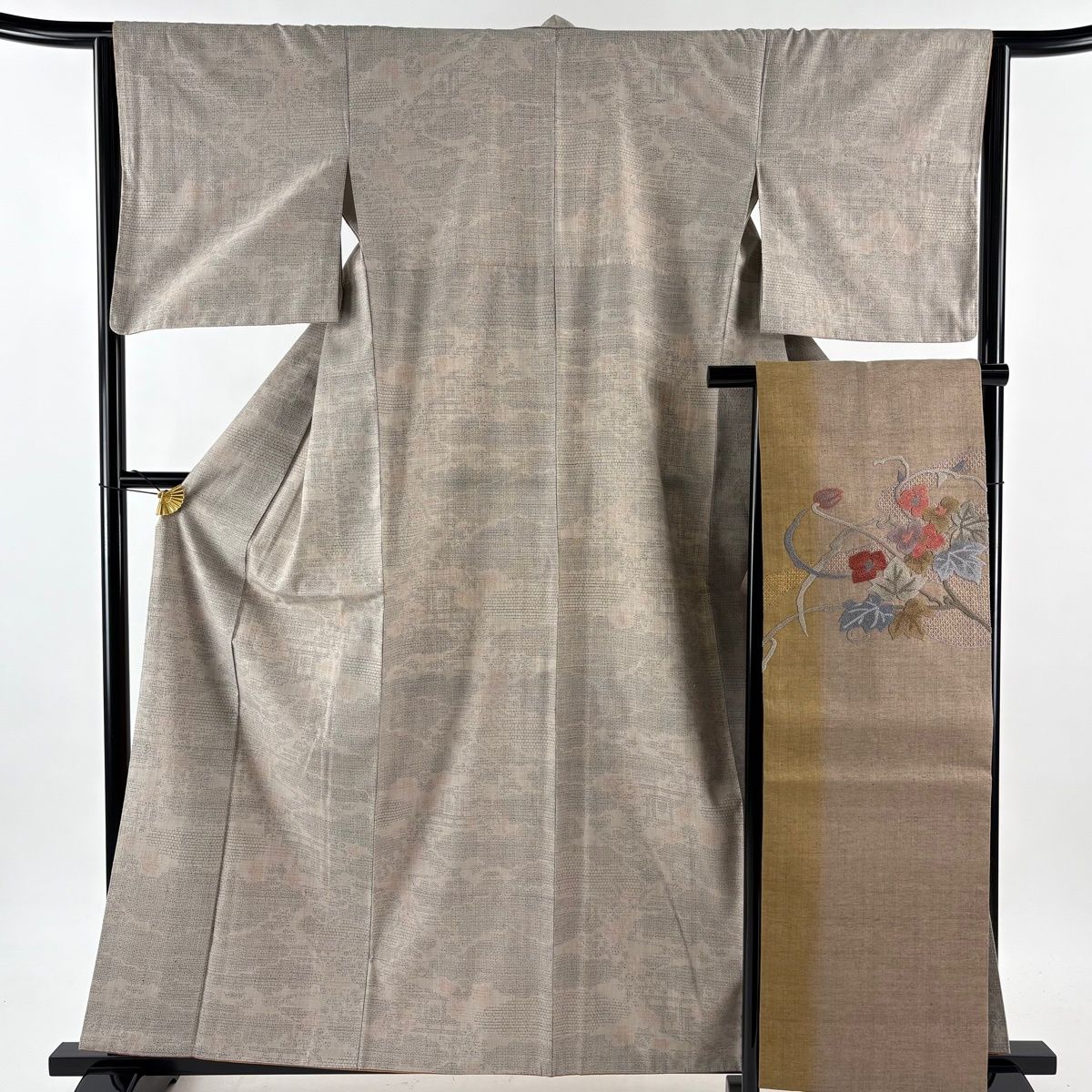 紬 身丈160 cm 裄丈64 M 袷 名古屋帯セット 松梅 亀甲絣 灰茶 正絹 秀品