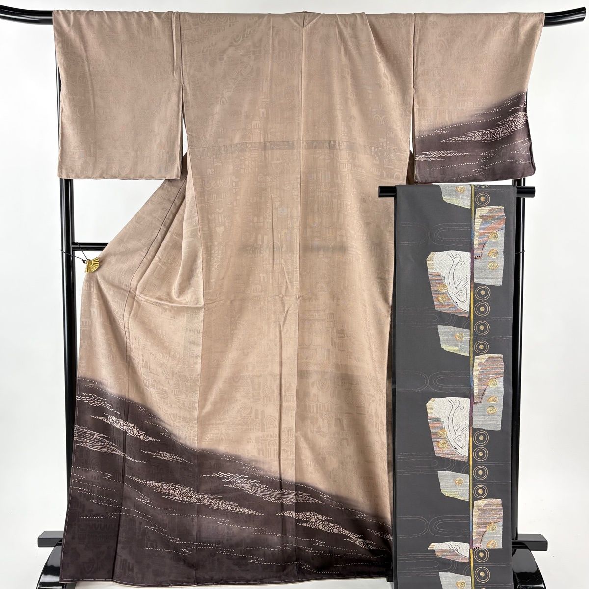 付下げ 身丈172 cm 裄丈70 L 袷 袋帯セット 花 霞 ぼかし 薄小豆 正絹 秀品