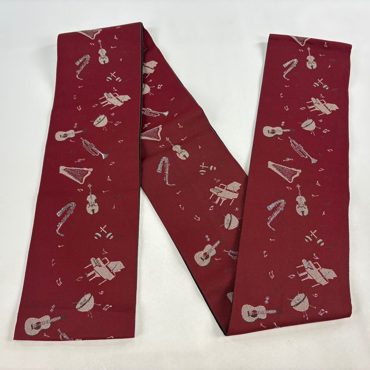  半幅帯 優品 楽器 音符 えんじ色 化繊 半巾 半幅 小袋帯 帯