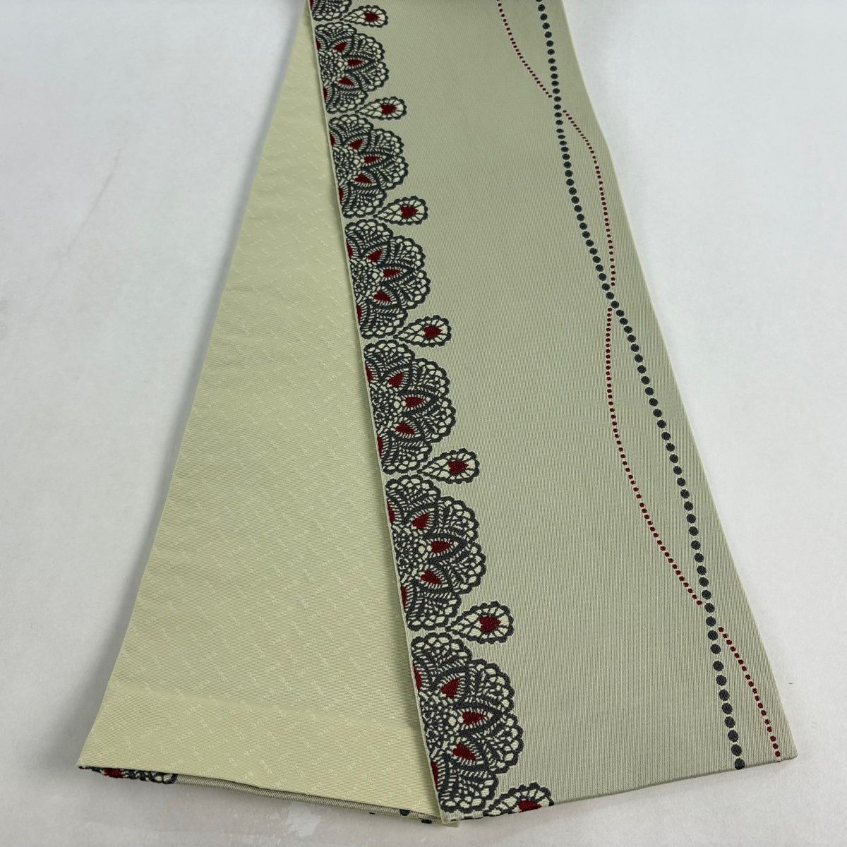 半幅帯 優品 華文 幾何学模様 灰緑 化繊