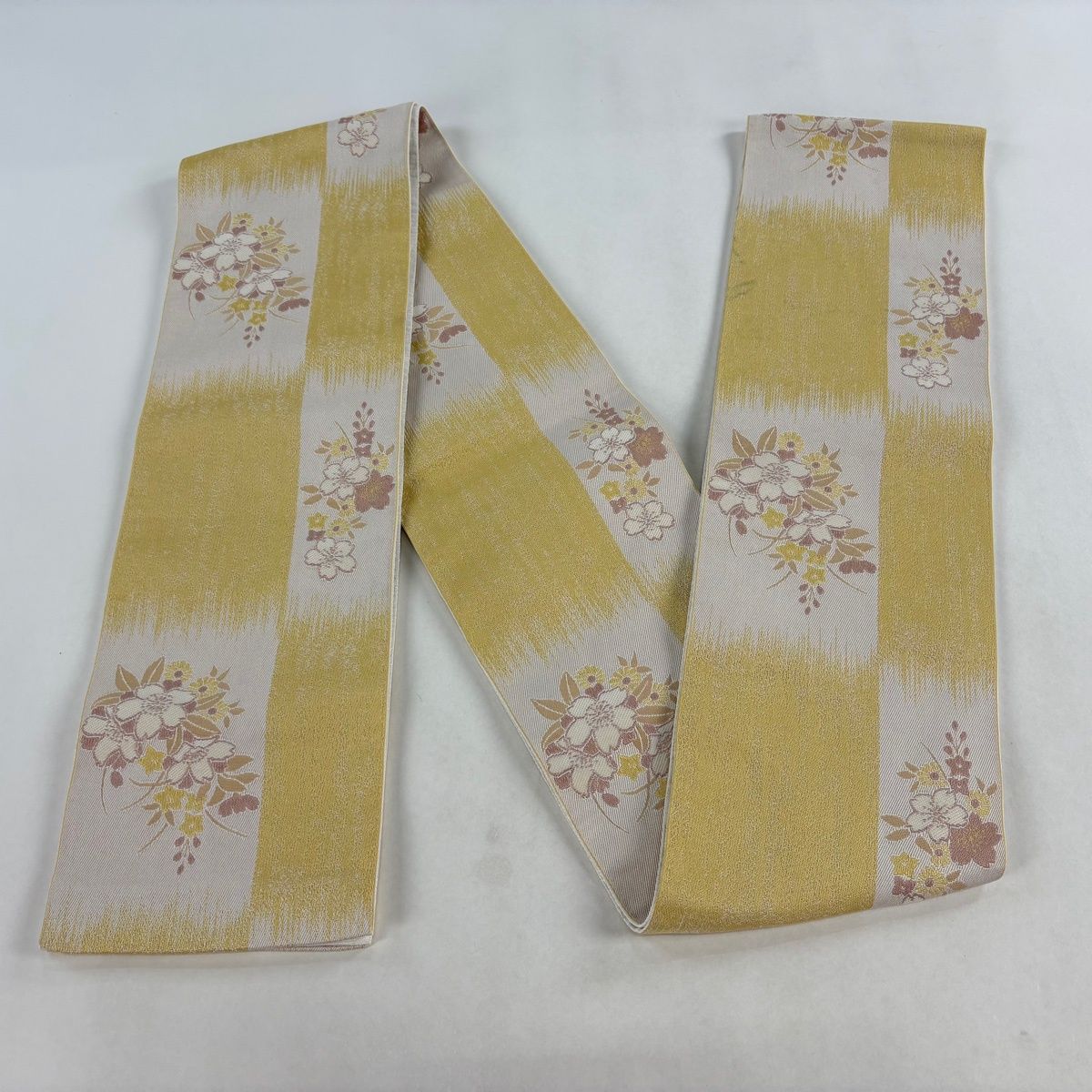  半幅帯 優品 草花 変わり市松 黄色 化繊 半巾 半幅 小袋帯 帯