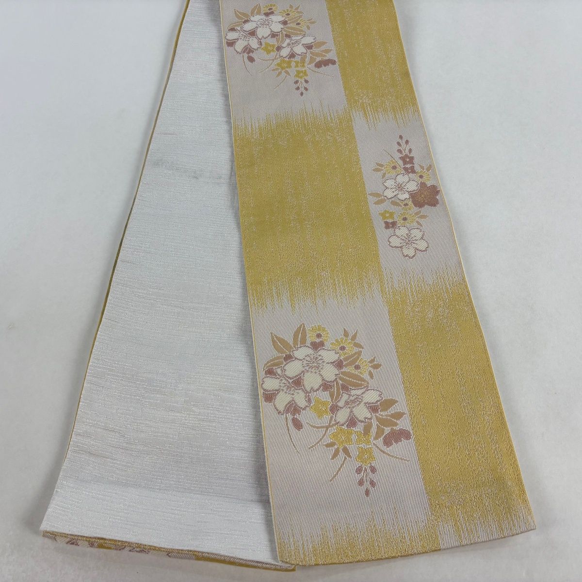 半幅帯 優品 草花 変わり市松 黄色 化繊