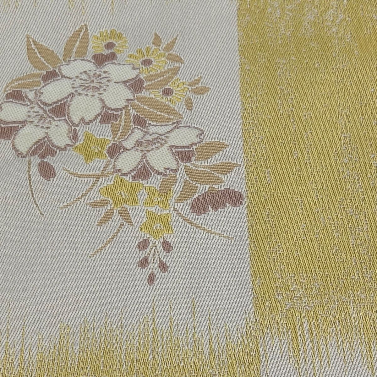 半幅帯 優品 草花 変わり市松 黄色 化繊