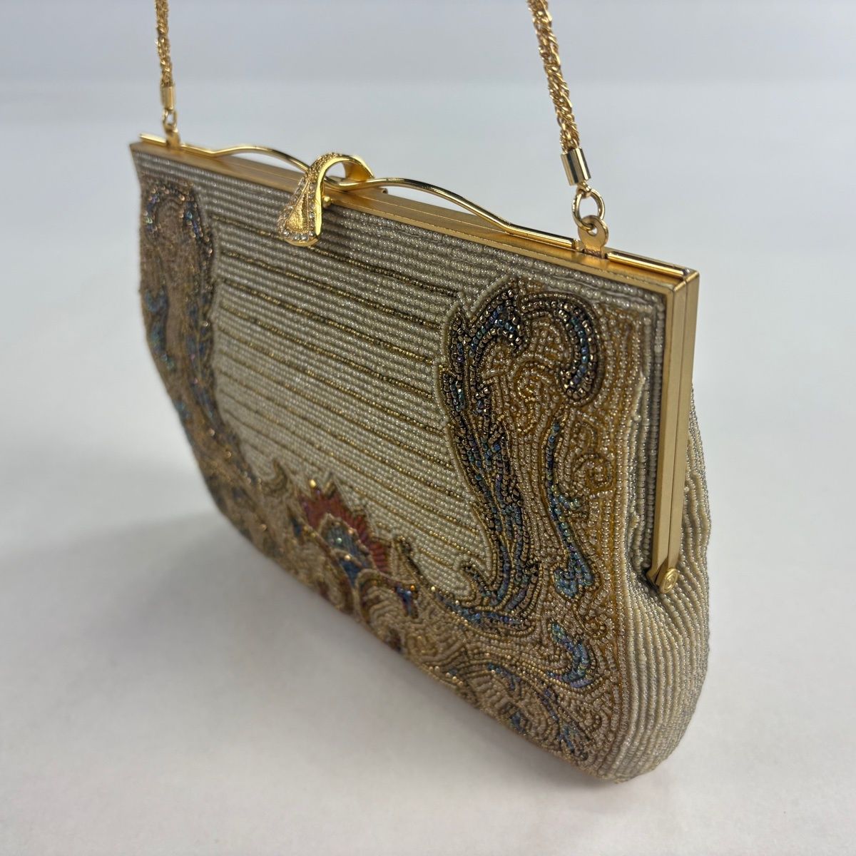 和装バッグ 優品 ビーズバッグ フォーマル 花唐草 縞 ベージュ ビーズ 和装小物