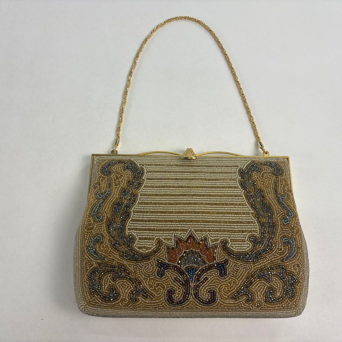 和装バッグ 優品 ビーズバッグ フォーマル 花唐草 縞 ベージュ ビーズ 和装小物