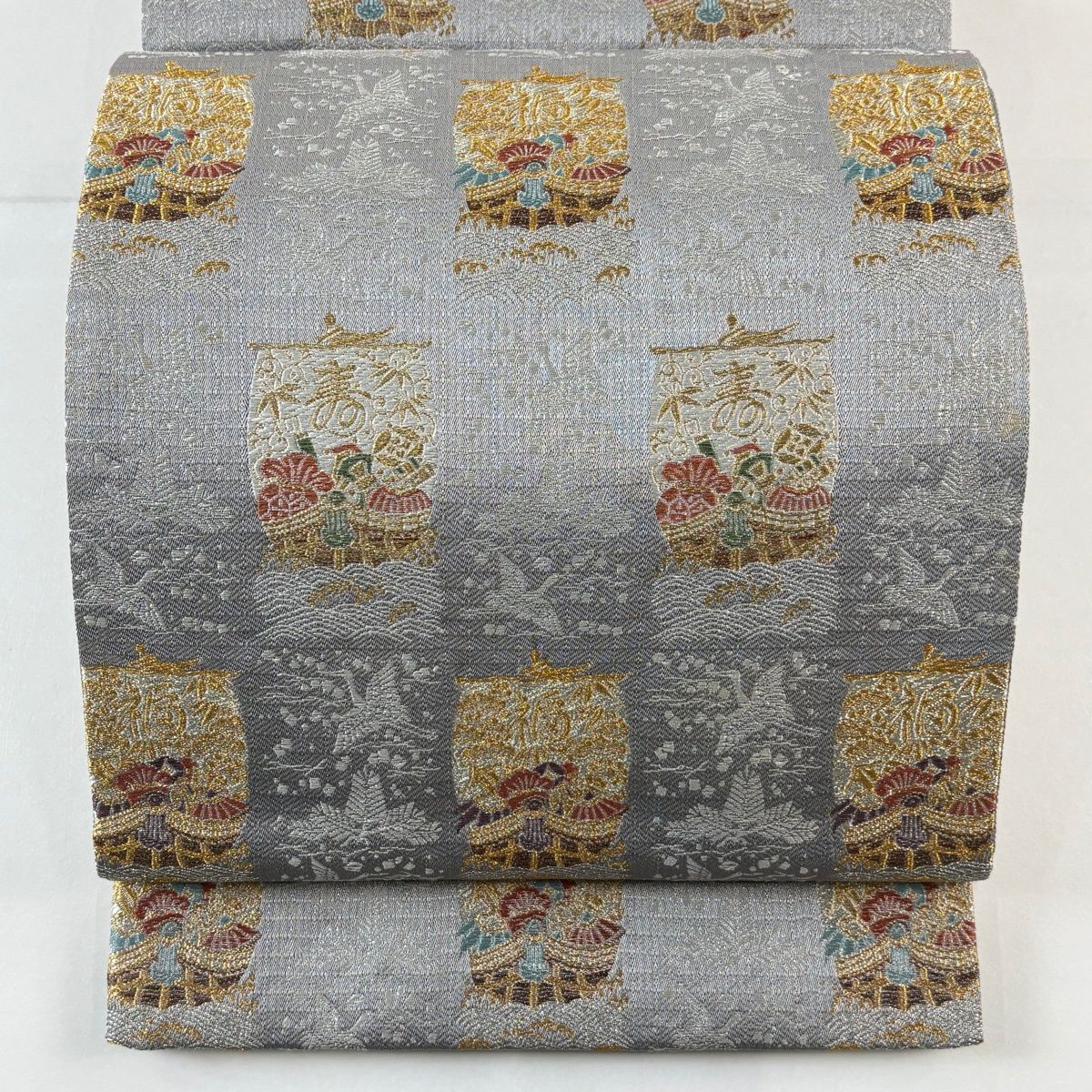 袋帯 名品 宝船 鶴 金銀糸 刺繍 灰色 六通 正絹
