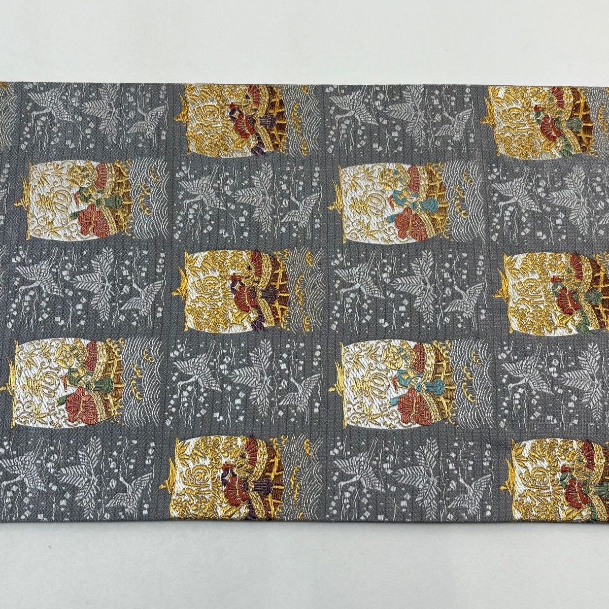  袋帯 名品 宝船 鶴 金銀糸 刺繍 灰色 六通 正絹 袋帯 帯