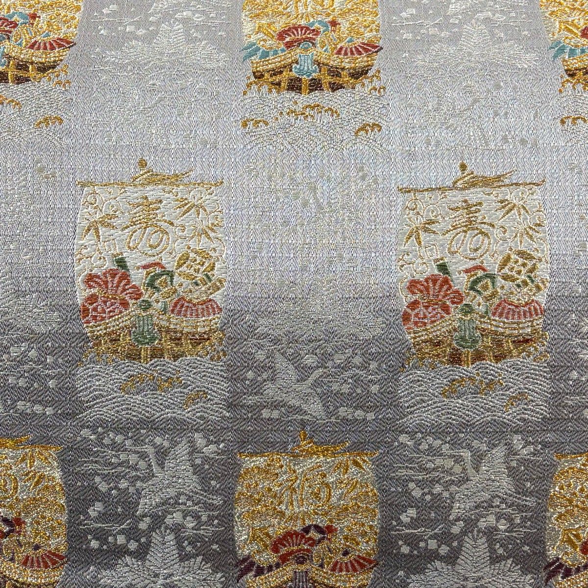 袋帯 名品 宝船 鶴 金銀糸 刺繍 灰色 六通 正絹