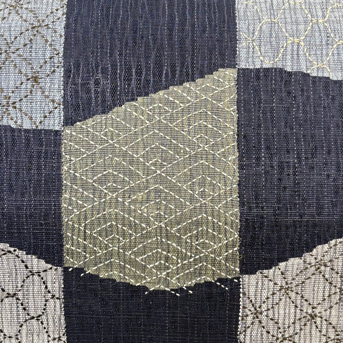 袋帯 名品 青海波 七宝 刺し子刺繍 紺色 お太鼓柄 正絹