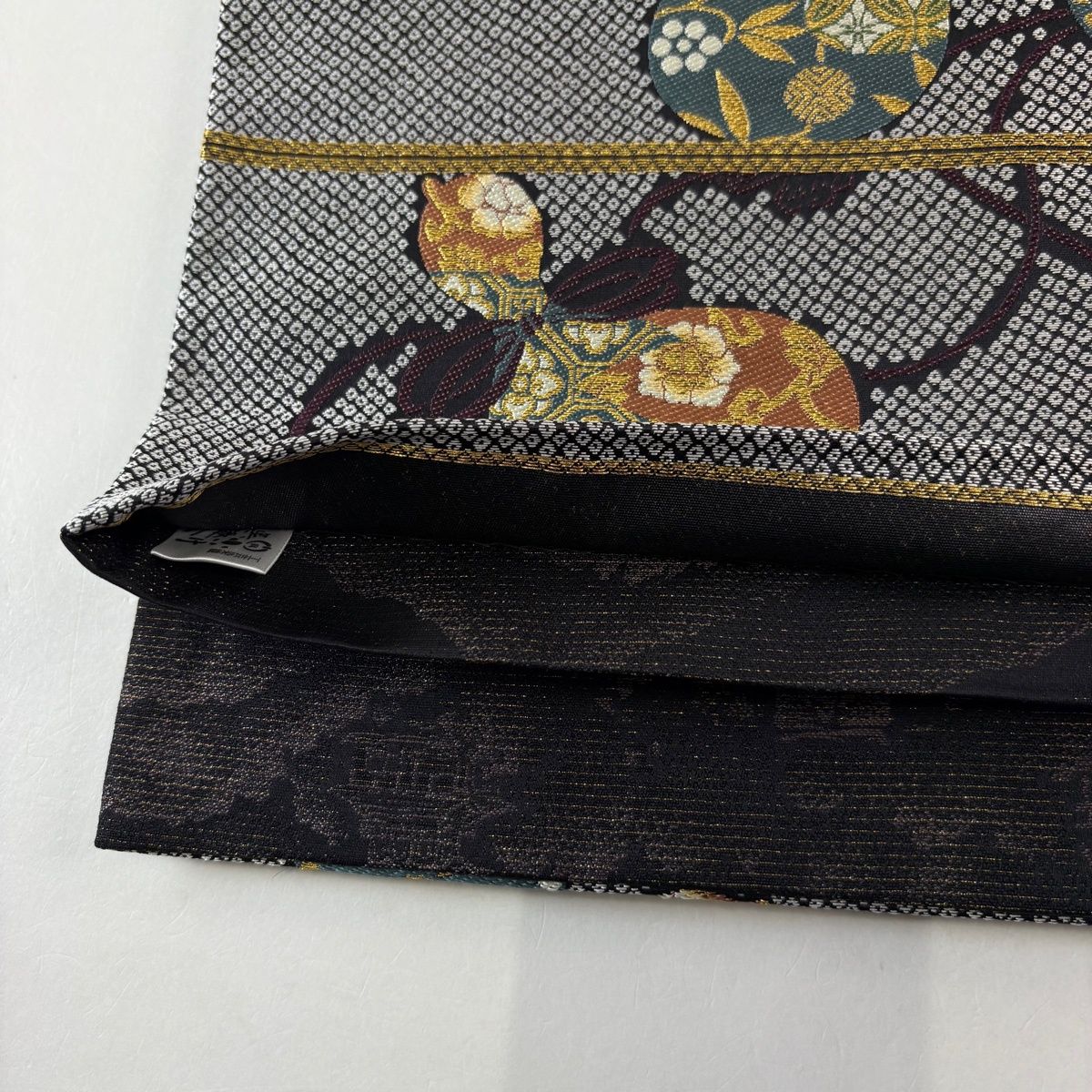  袋帯 名品 瓢箪 草花 金糸 黒灰 六通 正絹 袋帯 帯