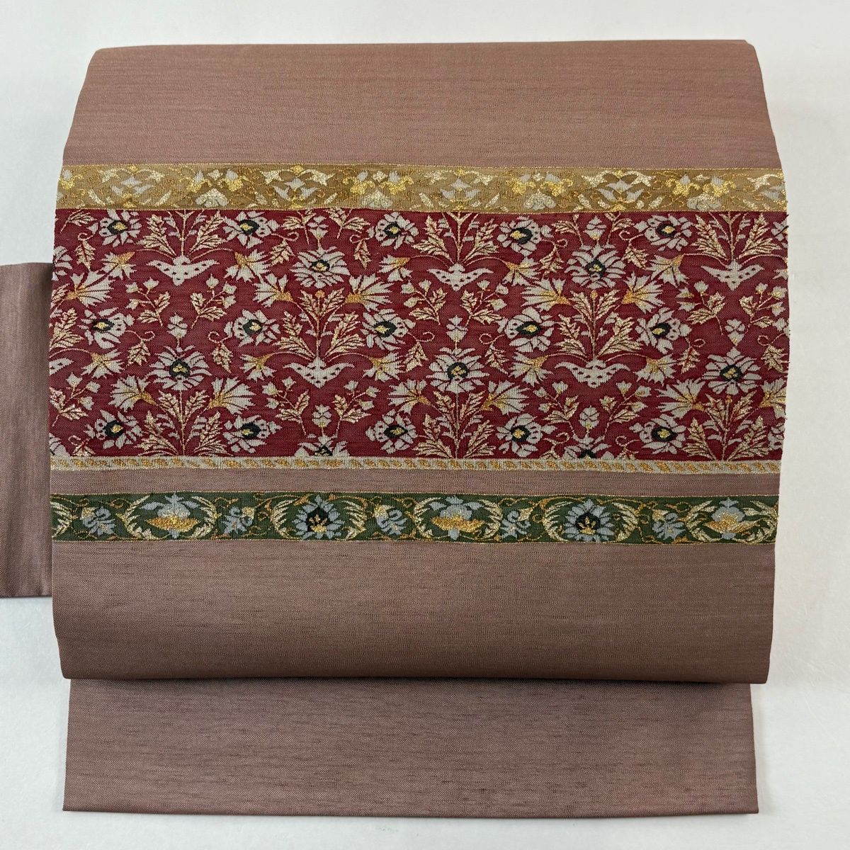 名古屋帯 名品 草花 金糸 薄小豆 正絹