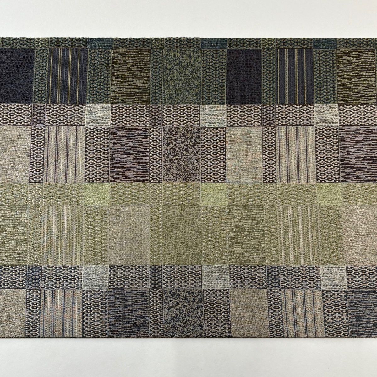  袋帯 名品 縞 幾何学模様 灰緑 全通 正絹 袋帯 帯