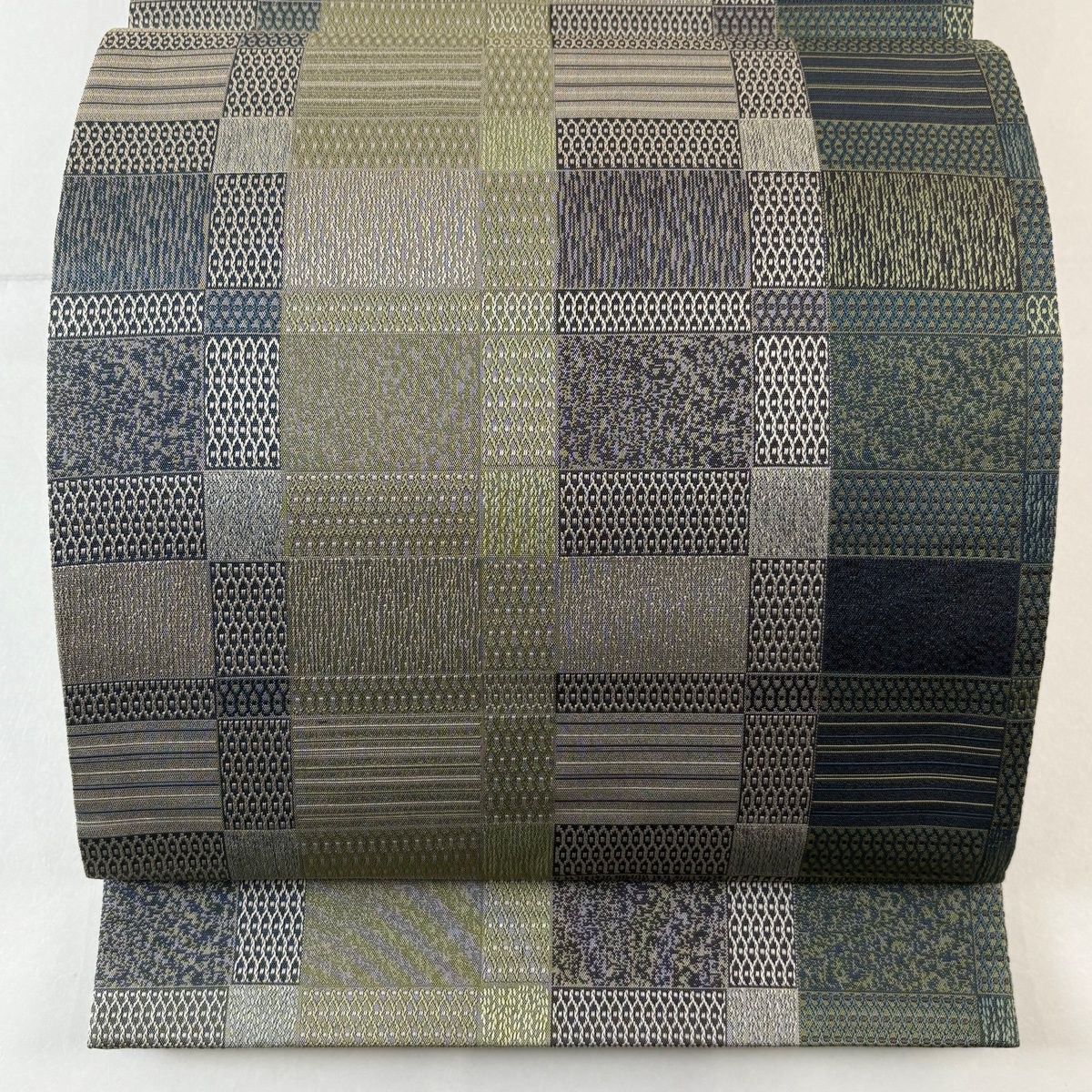 袋帯 名品 縞 幾何学模様 灰緑 全通 正絹